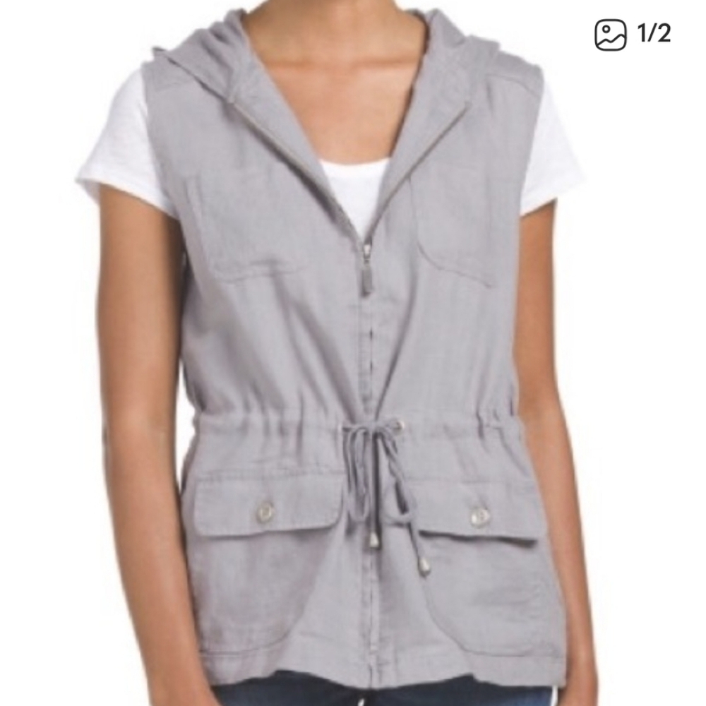 St. Tropez West Light Gray Linen Vest Utility Hooded Anorak Size Medium